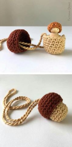 crocheted acorns are tied to ropes and placed on top of each other