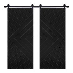 two black doors with metal bars on each side and an arrow design in the middle