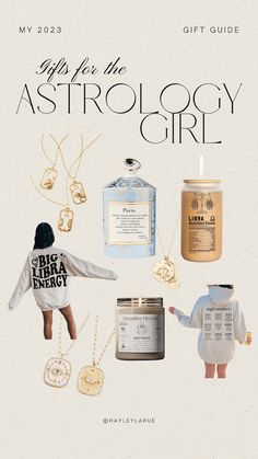 the astrology girl gift guide is on display in front of a white background with gold and