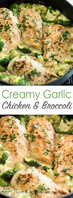 creamy garlic chicken and broccoli in a skillet