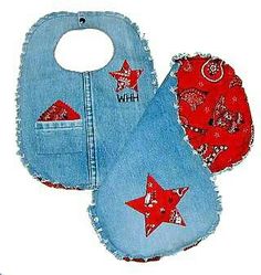 two baby bibs with red and blue designs on them, one in the shape of a star