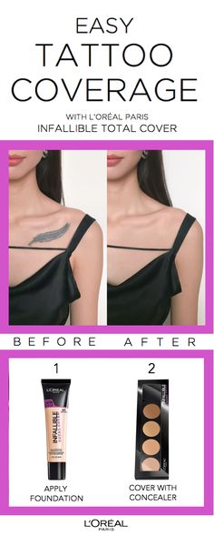 How to cover tattoos using new Infallible Total Cover foundation + concealer palette. First use foundation, then apply concealer. Acne Concealer, Cover Tattoos, Apply Concealer, Cover Foundation, Concealer Palette, How To Apply Concealer, Concealer Makeup, Tattoo Cover, Best Foundation