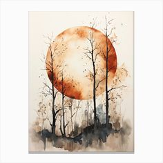 a painting of trees with the moon in the background