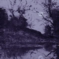 a painting of trees and water with the moon in the sky above it, as well as some clouds