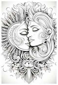 a black and white drawing of two faces with sunflowers in the background,