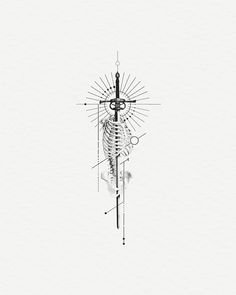 a black and white drawing of a skeleton with a cross on it's back