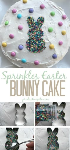 an easter bunny cake with sprinkles on it and the words, bunny cake