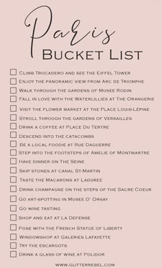 the paris bucket list is shown in black and white, with pink flowers on it