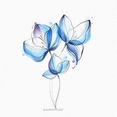 three blue flowers on a white background with watercolor paint effect in the bottom right corner