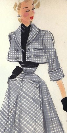 a drawing of a woman wearing a dress and jacket with black gloves on her hand