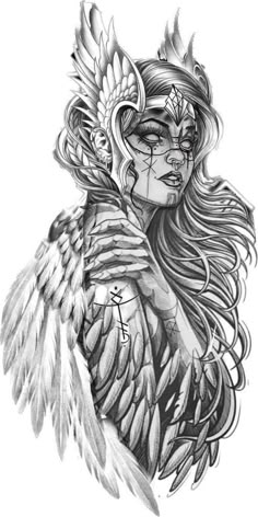 a drawing of a woman with angel wings