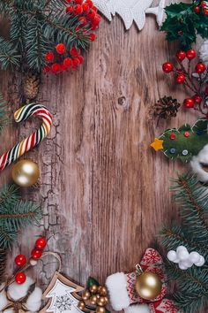 christmas decorations on wooden background with copy space