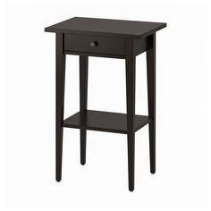 an end table with a drawer on the bottom and one drawer at the top, in dark wood