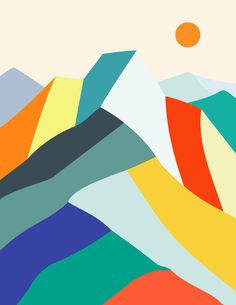 an abstract mountain scene with the sun in the sky