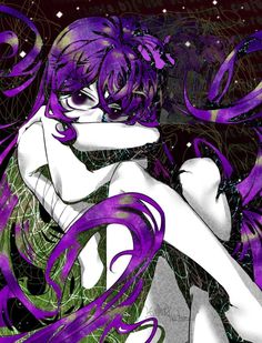 a drawing of a woman with purple hair and green dress sitting in front of a dark background