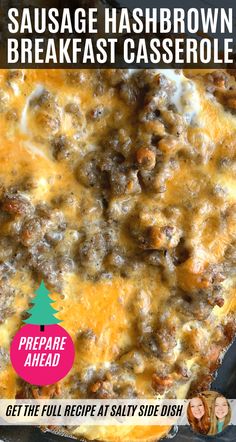 sausage hashbrown breakfast casserole with text overlay reading sausage hashbrown breakfast casserole prepare ahead get the full recipe salty side dish