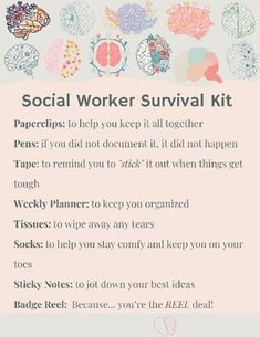 the social worker survival kit is shown in pink and blue with white writing on it