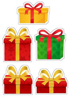 four gift boxes with bows and ribbons on the top one is red, yellow and green