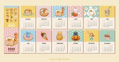 a calendar with cartoon cats and donuts on the front, in pastel colors