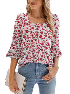 PRICES MAY VARY. [Material]: Poetsky Womens 3/4 sleeve tops and blouses are Soft and stretchy, breathable, comfortable to wear, not see throught, not clingy. [Features]: Classic Square neck shirts for women, 3/4 Ruffle sleeves womens tops, Solid Color and Pretty Floral Print Style, Loose Casual Tunic Tops, Long enough flowy hem to hide belly and hips, all year around cute tops. [Match]: This 3/4 Sleeve T Shirt is basic and stylish, can match with jeans, leggings, shorts, skirts and sweatpants; I Fitted Tunic, Womens Tops Dressy, Leggings Shorts, Tunic Tops Casual, Dressy Blouse, Country Concerts, Shorts Skirts, Jeans Leggings, Print Style