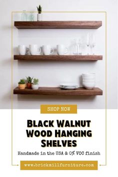 black walnut wood hanging shelves with text overlay reading shop now, black walnut wooden hanging shelves handmade in the usa & of v