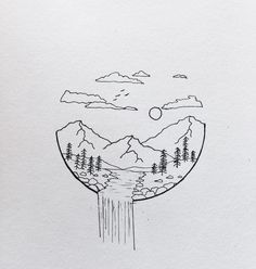 a drawing of mountains and trees in the middle of a circle with water running through it