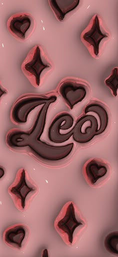 chocolate hearts with the word leo on them are surrounded by smaller heart shapes and stars