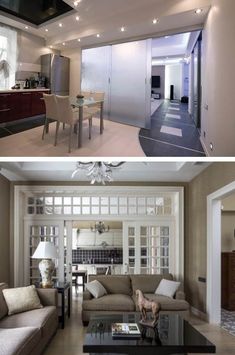 two pictures show the same living room and dining area as well as an open floor plan