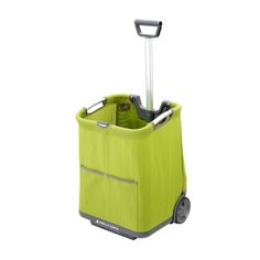 a green shopping cart with a handle and two compartments on the front, sitting upright