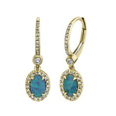 From Shy Creation, these earrings are crafted in 14k yellow gold and feature oval-shaped opal gemstones that shimmer with characteristic play-of-color inside of diamond frames. Sparkling round diamonds also adorn the leverback tops. The diamonds are 1/4ctw, H in color, and SI2 in clarity. These earrings measure 0.90 inches in length and 0.25 inches in width. Mens Diamond Jewelry, Gemstone Diamond Ring, Diamond Fashion Rings, Diamond Bangles Bracelet, Leverback Earrings, Men Diamond Ring, Deco Jewelry, Diamond Drops, Opal Earrings