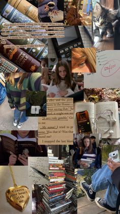 a collage of photos with books and people