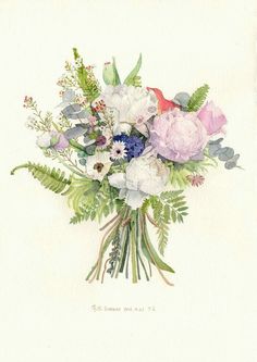 a watercolor painting of flowers and greenery