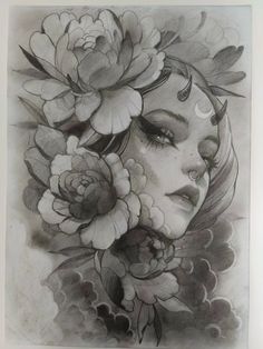 a drawing of a woman with flowers in her hair