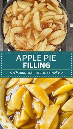 apple pie filling in a pie pan with apples on the side and an image of sliced apples