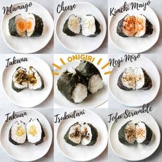 there are eight different types of sushi on the plates, each with their own name