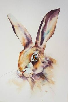 a watercolor painting of a rabbit's head with blue eyes and long ears