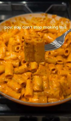 a fork is stuck into a bowl of macaroni and cheese with the words pov you can't stop making this