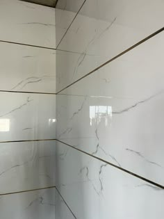 a bathroom with white walls and gold trim on the shower wall is pictured in this image