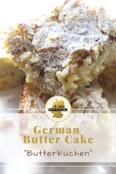 german butter cake with powdered sugar on top and the title overlay reads, germany butter cake