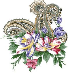 an ornate floral arrangement with flowers and leaves on a white background, in the style of paisley