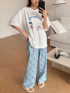 Women's Cute Cartoon Bear & Letter Print Round Neck Short Sleeve White Top And Loose Long Pants Pajama Set White     Cartoon  Non-Stretch Summer Women Sleep & Lounge, size features are:Bust: ,Length: ,Sleeve Length: Over Sized T Shirt Pajamas, Cheap Pink Heart Print Sleepwear, Cheap Pajama Shorts With Elastic Waistband For Beach Season, Cheap Gray Short Sleeve Sets, Cheap Green Playwear Sleepwear, Cheap Solid Color Pajama Shorts, Pajamas Teen Target, Cute Pjs For Teens Long Pants, Cheap White Kawaii Sweatshirt