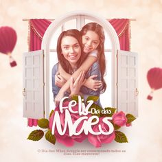 two women hugging each other in front of an open window with the words feliz naas on it