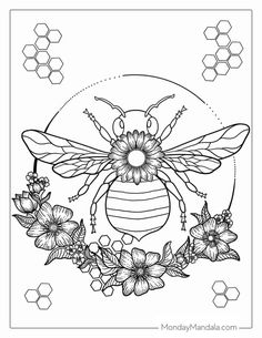 a black and white drawing of a bee with flowers in front of the honeycombs