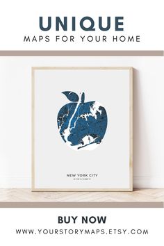 an apple poster with the words unique maps for your home on it, in blue and white