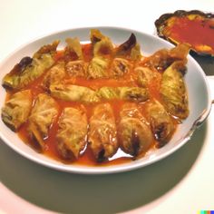 a white plate topped with dumplings covered in sauce