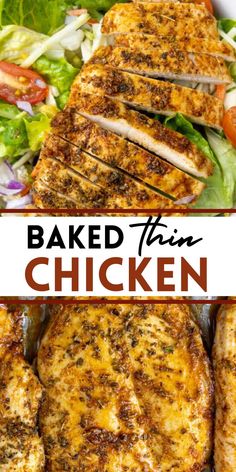 baked thin chicken with lettuce and tomatoes on the side