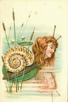 an old postcard with a girl and a snail on the boat in the water