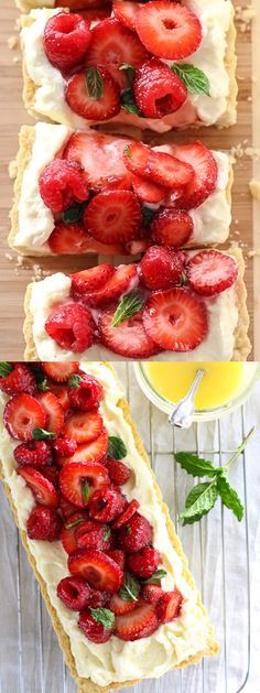 strawberry shortcakes with whipped cream and fresh strawberries on top are ready to be eaten