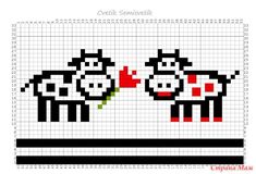 a cross stitch pattern with two black and white cows in the middle, one holding a flower