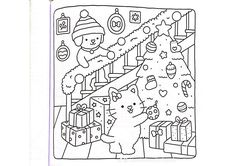 a black and white drawing of a cat near a christmas tree with presents on it